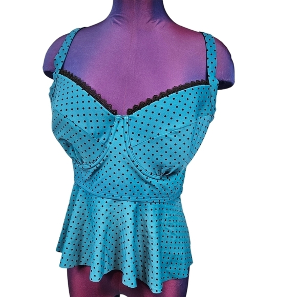 Terra & Sky Teal & Black Polka Dot Tankini Top Size 1X Women's Plus - Picture 7 of 7